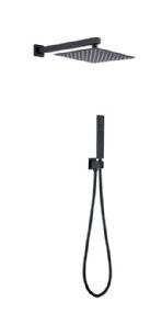 סט מערכת 4 דרך מרובע נירוסטה אל חלד כולל זרוע ראש 25 מזלף צינור ונקודת מים עם מתלה צבע שחור מט דגם 2525BL