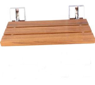 ספסל עץ טיק מלא לישיבה במקלחת מיועד לחדרים רטובים רוחב 51 ס"מ ומיועד לתליה על הקיר במקלחת מתקפל גוון פרזול ניקל מבריק דגם פארגה