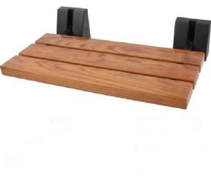 ספסל עץ טיק מלא לישיבה במקלחת מיועד לחדרים רטובים רוחב 51 ס"מ ומיועד לתליה על הקיר במקלחת מתקפל צבע פרזול שחור מט אל חלד דגם קוואלה