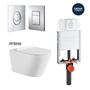 סט מיכל הדחה סמוי GROHE דק 9 ס"מ מתאים לקירות בלוקים ו/או בטון + לחצן לבחירתכם + אסלה תלויה מעוגלת Rimless רומא לבן מבריק ומושב טריקה שקטה דגם 154C