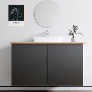 ארון אמבטיה תלוי לפי מידה רוחב עומק וצבע לפי בחירתך עם משטח עץ מלא להנחת כיור מונח דגם יוון B