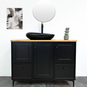 ארון אמבטיה עומד לפי מידה רוחב עומק וצבע לפי בחירתך עם משטח עץ מלא להנחת כיור מונח דגם האגי