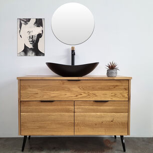 ארון אמבטיה עומד לפי מידה רוחב ועומק לפי בחירתך עשוי מעץ מלא אלון מבוקע עם משטח להנחת כיור מונח דגם סיאול