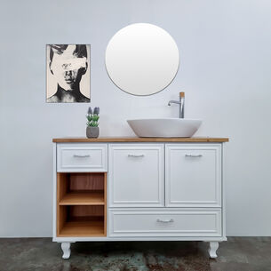 ארון אמבטיה עומד לפי מידה רוחב עומק וצבע לפי בחירתך עם משטח עץ מלא להנחת כיור מונח דגם מאסט