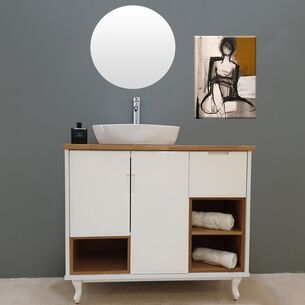 ארון אמבטיה עומד לפי מידה רוחב עומק וצבע לפי בחירתך עם משטח עץ מלא להנחת כיור מונח דגם בודפשט