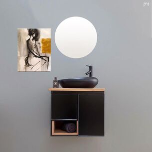 ארון אמבטיה תלוי רוחב 60 ס"מ בעומק 46 ס"מ צבע שחור מט עם משטח עץ מלא להנחת כיור מונח דגם זוק