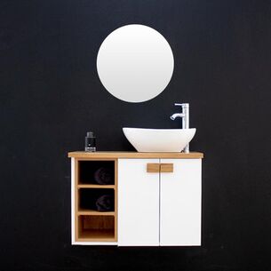 ארון אמבטיה תלוי לפי מידה רוחב עומק וצבע לפי בחירתך עם משטח עץ מלא להנחת כיור מונח דגם אוקלנד