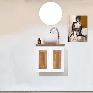 ארון אמבטיה תלוי רוחב 55 ס"מ בעומק 33 ס"מ צבע לבן מבריק עם משטח עץ מלא להנחת כיור מונח דגם ליטא