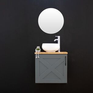 ארון אמבטיה תלוי לפי מידה רוחב עומק וצבע לפי בחירתך עם משטח עץ מלא להנחת כיור מונח דגם ברנלי