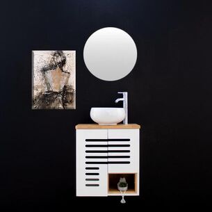 ארון אמבטיה תלוי רוחב 55 ס"מ בעומק 33 ס"מ צבע לבן מבריק עם משטח עץ מלא להנחת כיור מונח דגם סלפורד