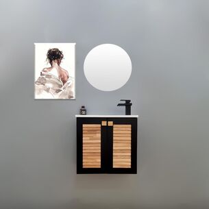 ארון אמבטיה תלוי רוחב 55 בעומק 33 ס"מ צבע שחור מט עם כיור משטח חרס שקוע דגם סטיבן