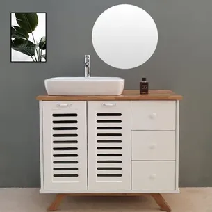 ארון אמבטיה עומד לפי מידה רוחב עומק וצבע לפי בחירתך עם משטח עץ מלא להנחת כיור מונח דגם רקפת