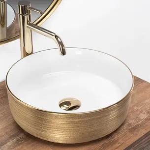 כיור רחצה מונח חרס עגול קוטר 36 ס"מ צבע לבן מבריק בפנים עם זהב מבחוץ דגם איילין