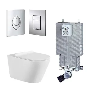 סט מיכל הדחה סמוי GROHE גרואה רגיל מתאים לקירות בלוקים ו/או בטון + לחצן לבחירתכם + אסלה תלויה מעוגלת Rimless רומא לבן מבריק ומושב טריקה שקטה דגם 152C