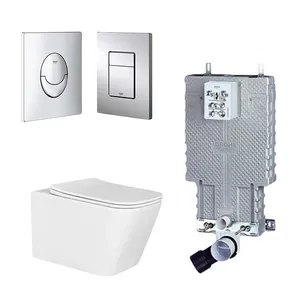 סט מיכל הדחה סמוי GROHE גרואה רגיל מתאים לקירות בלוקים ו/או בטון + לחצן לבחירתכם + אסלה תלויה מלבנית Rimless פאולו לבן מבריק ומושב טריקה שקטה דגם 151C