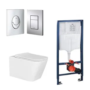 סט מיכל הדחה סמוי GROHE מתאים לקירות גבס + לחצן לבחירתכם + אסלה תלויה מלבנית Rimless פאולו לבן מבריק ומושב טריקה שקטה דגם 144C