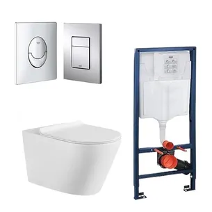 סט מיכל הדחה סמוי GROHE מתאים לקירות גבס + לחצן לבחירתכם + אסלה תלויה מעוגלת Rimless רומא לבן מבריק ומושב טריקה שקטה דגם 145C