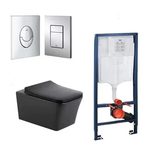 סט מיכל הדחה סמוי GROHE מתאים לקירות גבס + לחצן לבחירתכם + אסלה תלויה מלבנית Rimless לונדון שחור מט ומושב טריקה שקטה דגם 144CB