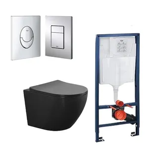 סט מיכל הדחה סמוי GROHE מתאים לקירות גבס + לחצן לבחירתכם + אסלה תלויה מעוגלת Rimless טוקיו שחור מט ומושב טריקה שקטה דגם 145CB