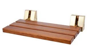 ספסל עץ טיק מלא לישיבה במקלחת מיועד לחדרים רטובים רוחב 51 ס"מ ומיועד לתליה על הקיר במקלחת מתקפל צבע פרזול זהב מט אל חלד דגם פלורנה