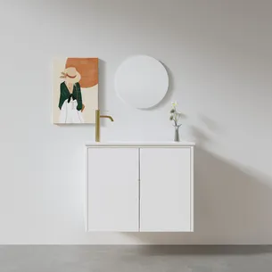 ארון אמבטיה תלוי רוחב 55 ס"מ בעומק 33 ס"מ צבע לבן או שחור מט לבחריתך עם כיור משטח חרס שקוע דגם R48-55A