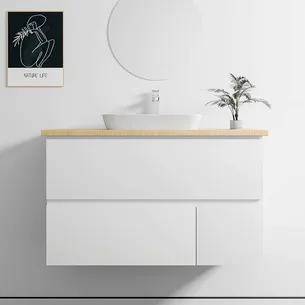 ארון אמבטיה תלוי לפי מידה רוחב עומק וצבע לפי בחירתך עם משטח עץ מלא להנחת כיור מונח דגם סוהו B