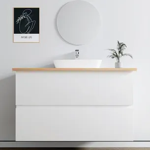 ארון אמבטיה תלוי לפי מידה רוחב עומק וצבע לפי בחירתך עם משטח עץ מלא להנחת כיור מונח דגם תלמה B