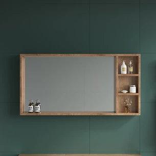 מראות מרחפות לתליה עשויות ממסגרת עץ מלא (אלון מבוקע) עם מדפים בצד ימין רוחב 65, 80, 100, 120 ובגובה 60 ס"מ לבחירתכם דגם 699WR