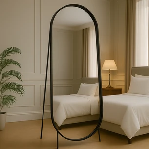 מראת גוף אובלית עומדת עם סטנד עשוי ממסגרת אל חלד צבע שחור מט רוחב 70 ס"מ גובה 180 ס"מ דגם LMB-13