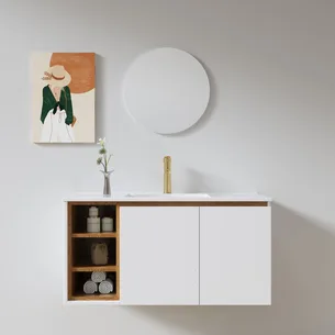 ארון אמבטיה תלוי לפי מידה רוחב עומק וצבע לפי בחירתך עם כיור משטח חרס שקוע דגם ריפאלו