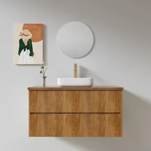 ארון אמבטיה תלוי רוחב 60, 80, 100 ס"מ לבחירתך בעומק 46 ס"מ עשוי מעץ מלא אלון מבוקע עם משטח עץ מלא להנחת כיור מונח דגם קדיז