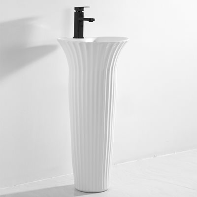 כיור רחצה חרס עומד מעוגל מחורץ רצפתי קוטר מלמעלה 41 ס"מ וקוטר מלמטה 16 ס"מ גובה 85 ס"מ לבן מבריק עם חור לברז דגם אטלנטיס