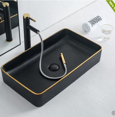 כיור רחצה מונח חרס מלבני רוחב 60 ס"מ ועומק 35 ס"מ צבע שחור מט עם פס זהב מט דגם יוסטון