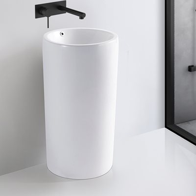 כיור רחצה חרס עומד מעוגל רצפתי קוטר 46 ס"מ גובה 85 ס"מ לבן מבריק ללא חור לברז דגם לוקה